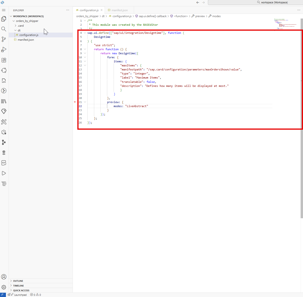 Image depicting the configuration.js file content